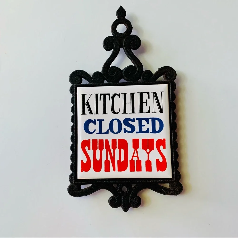 Vintage Iron Trivet “Kitchen Closed on Sundays” Ceramic Tile. Fun gift!